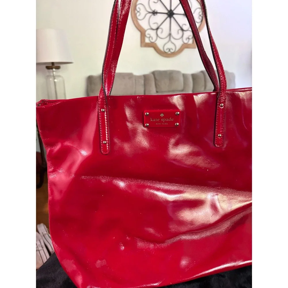 Kate Spade New York Red Patent Leather Tote Bag Polka Dot Lining Shoulder Bag
